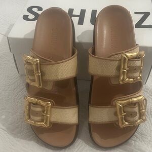 SCHUTZ Women's slides/ Sandals in raffia Tan and Gold